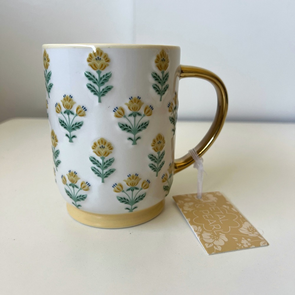 Petal & Pearl Yellow Floral Ceramic Mug Gold Handle NWT